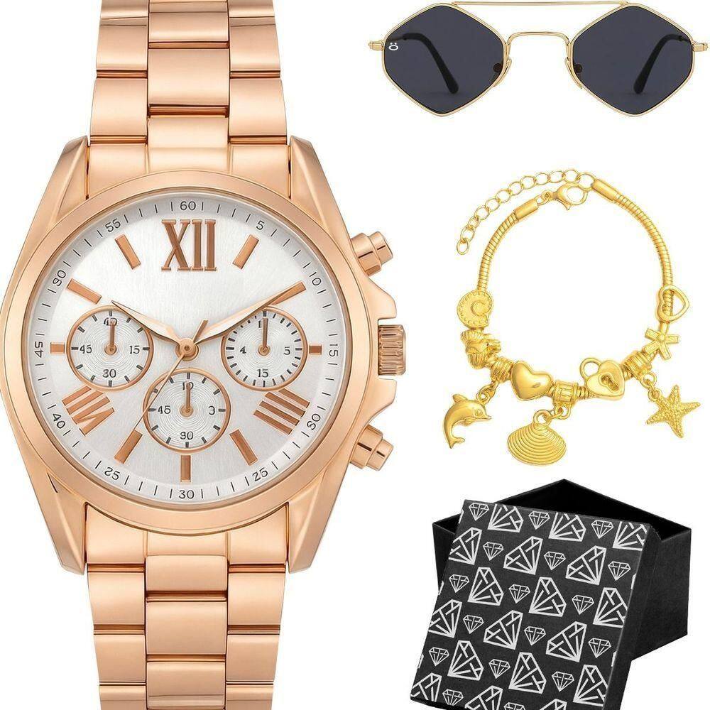 Relogio Aco Banhado Feminino Rose + Pulseira Oculos Inoxidavel Moda Qualidade Premium Losango Preto