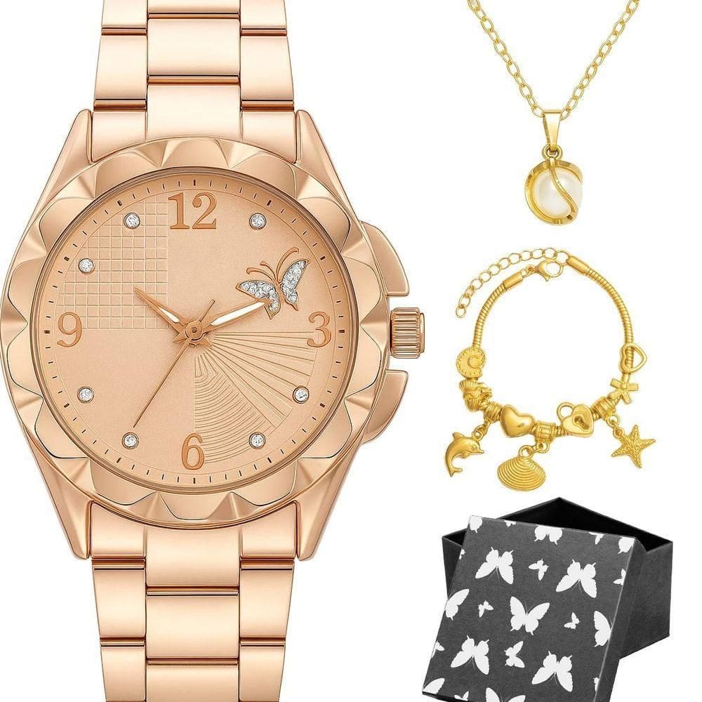 Relogio Banhado Feminino Aco Rose + Colar Pulseira + Caixa Casual Pingente Qualidade Premium Moda