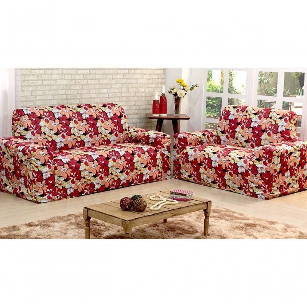 Kit Protetor De Sofá Floral 2 E 3 Lugares Malha Gel Estampado Variação: Vermelho