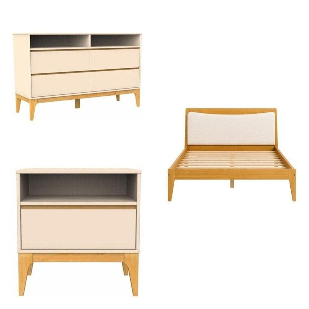 Quarto Completo 1 Cama Casal Cabeceira Estofada 2 Mesas de Cabeceira 1 Cômoda 4 Gavetas Yescasa Cappuccino/Amêndoa