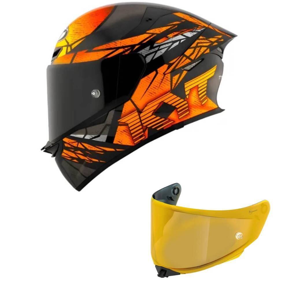 Capacete KYT TT Revo Combustion Preto e Laranja Mais Viseira Dourada