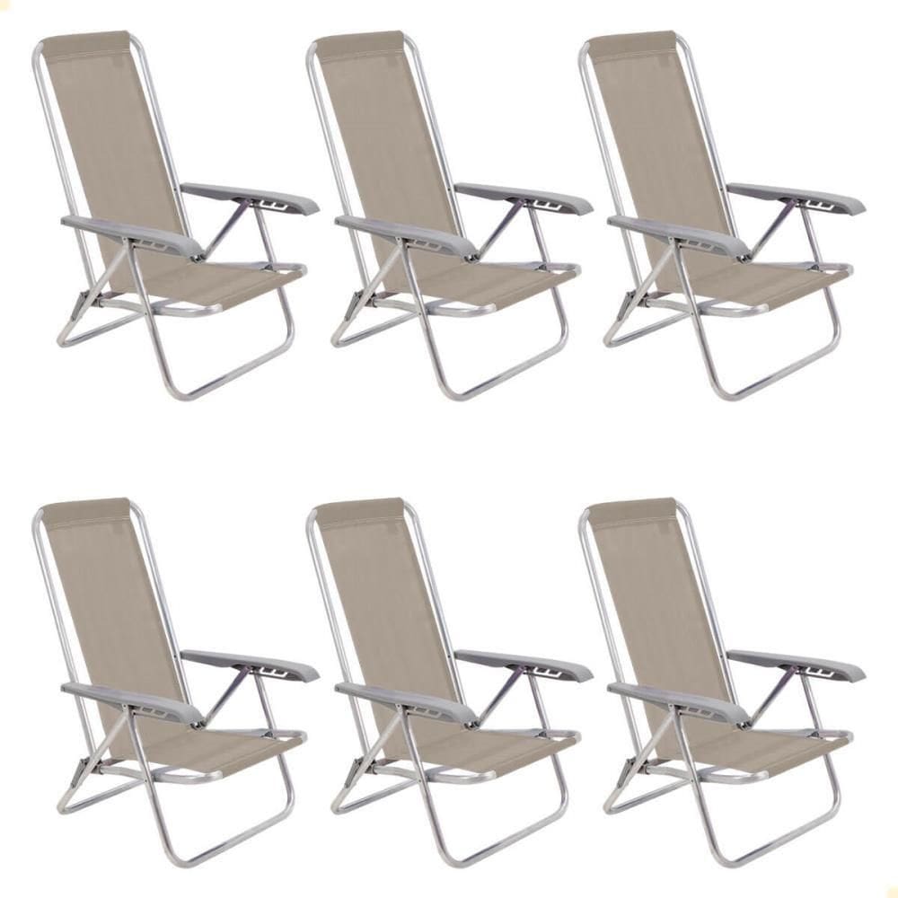 Kit 06 Cadeiras de Praia Reclin. Tramontina Bali Baixa Alumínio c/ Assento Camurça 92900105