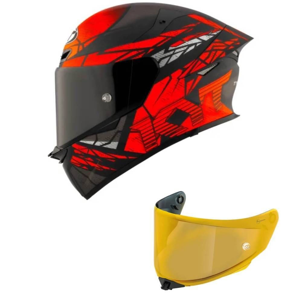 Capacete KYT TT Revo Combustion Preto e Vermelho Mais Viseira Dourada