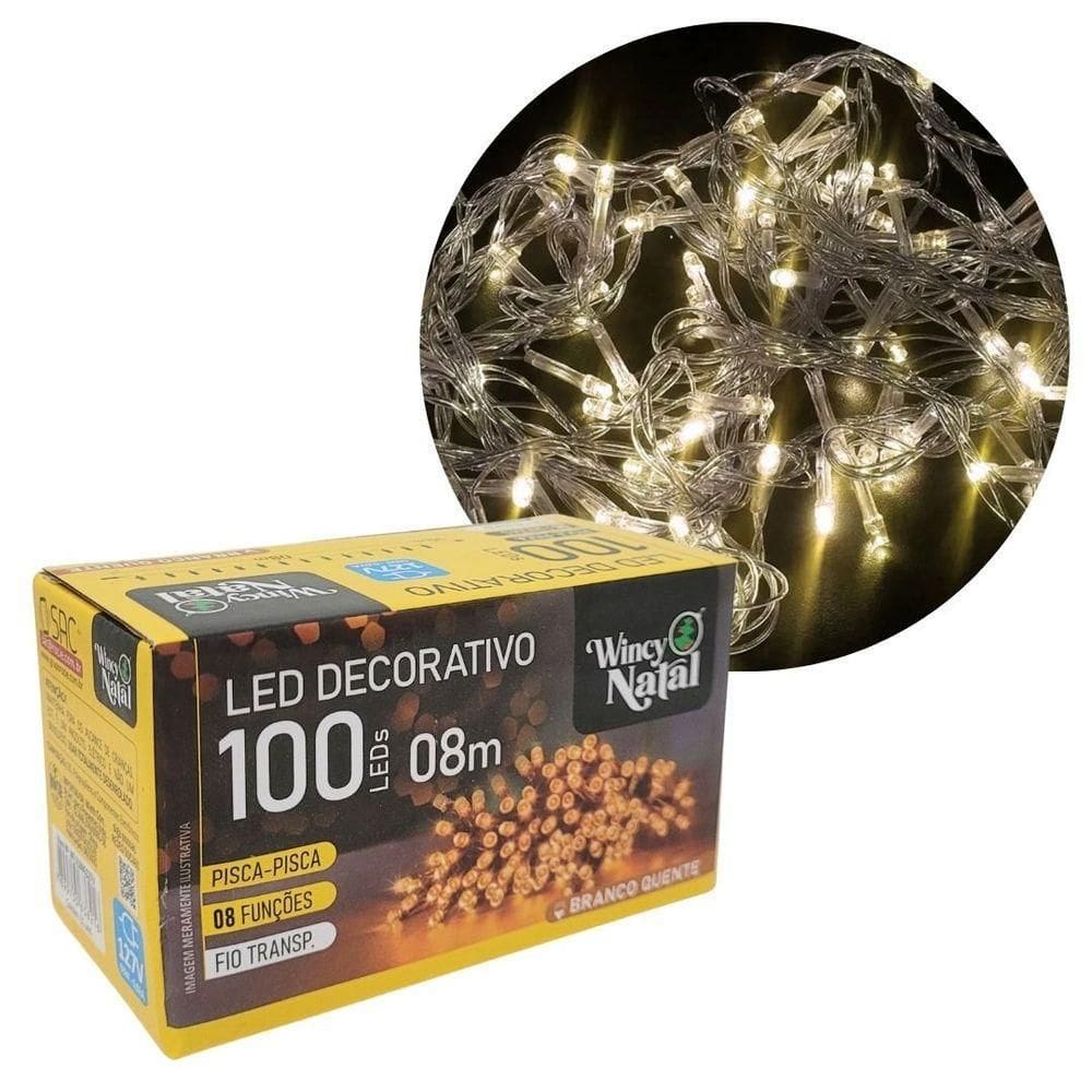 Pisca Led Branco Quente Sequencial 100 Lâmpadas 8 Funções Fio Transparente 8 Metros 127v