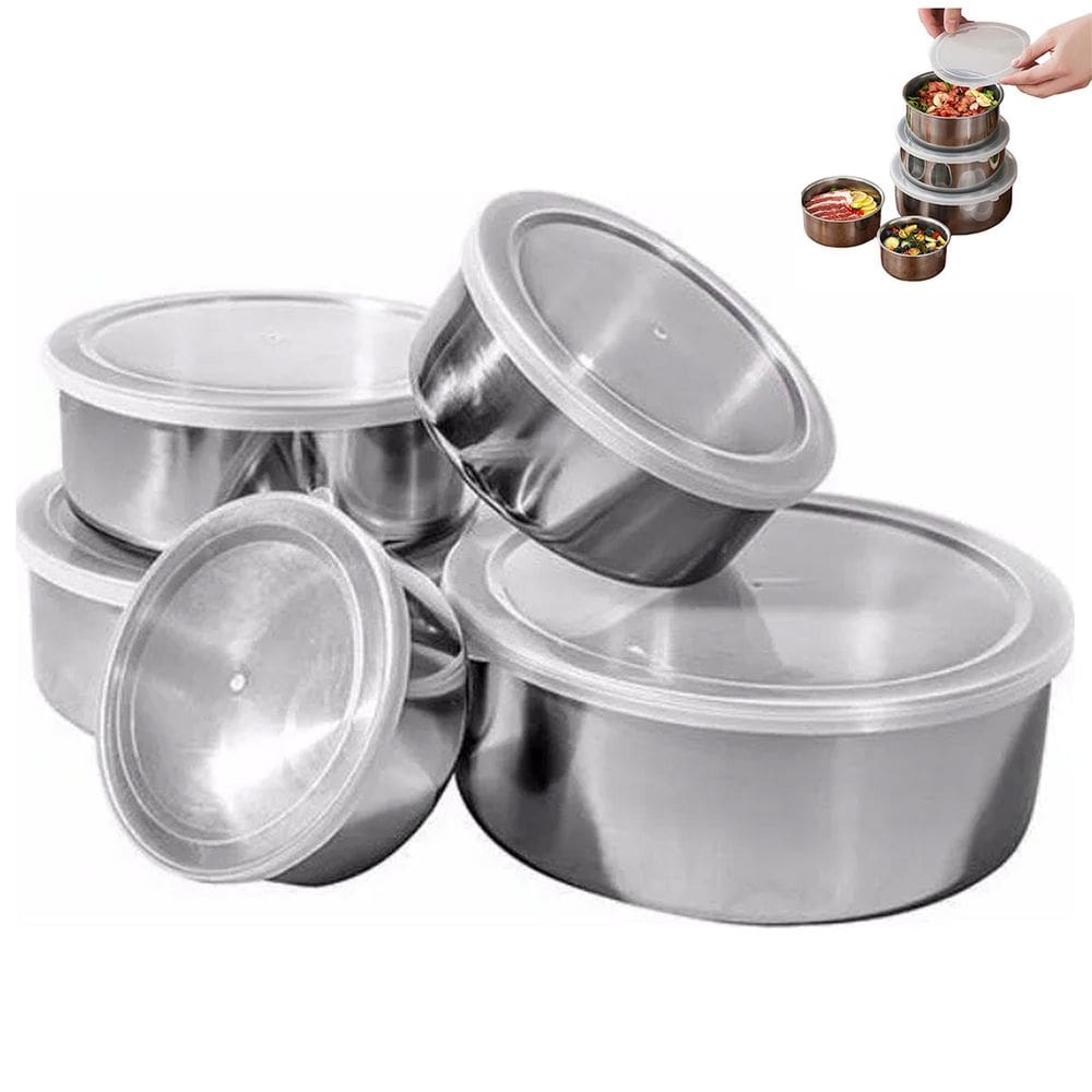 Jogo 5 Potes Inox com Tampa Vasilha Conjunto Marmita Refeito Fruta Alimento Organizaçao Empilhavel Multiuso