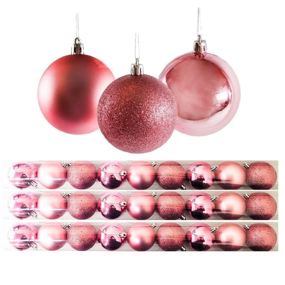 Jogo 27 Bolas Natal Mista Lisa, Glitter E Fosca Rosê 8cm - Master Christmas