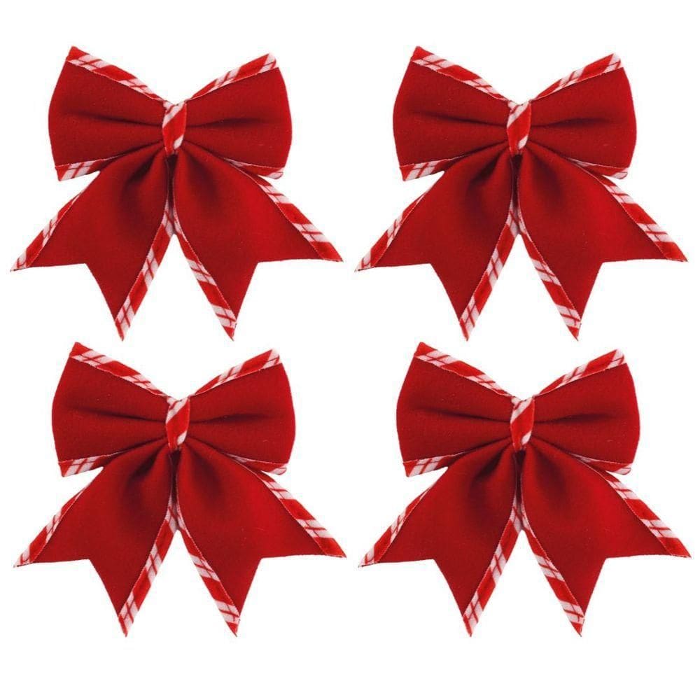 Jogo 4 Laços Natalinos Veludo Vermelho Borda Candy Listrada Prime 12x13cm