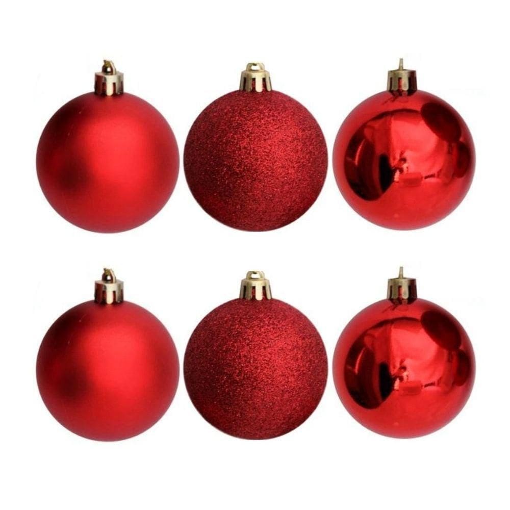 Conjunto 6 Bolas De Natal Vermelho Prime Texturas Mistas 5cm Glitter, Brilho E Fosca