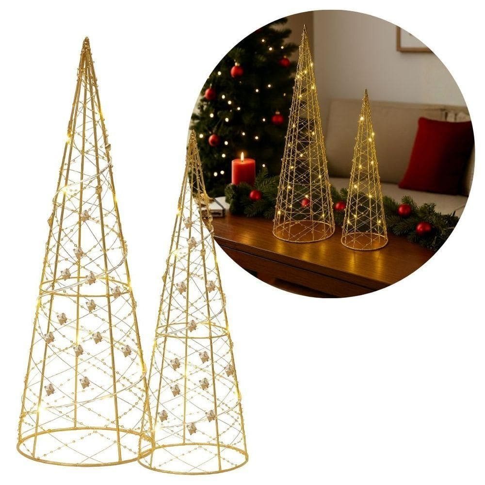 Jogo 2 árvores Decorativas Aramadas Dourado Iluminada Led Luxo Cone 50cm E 40cm