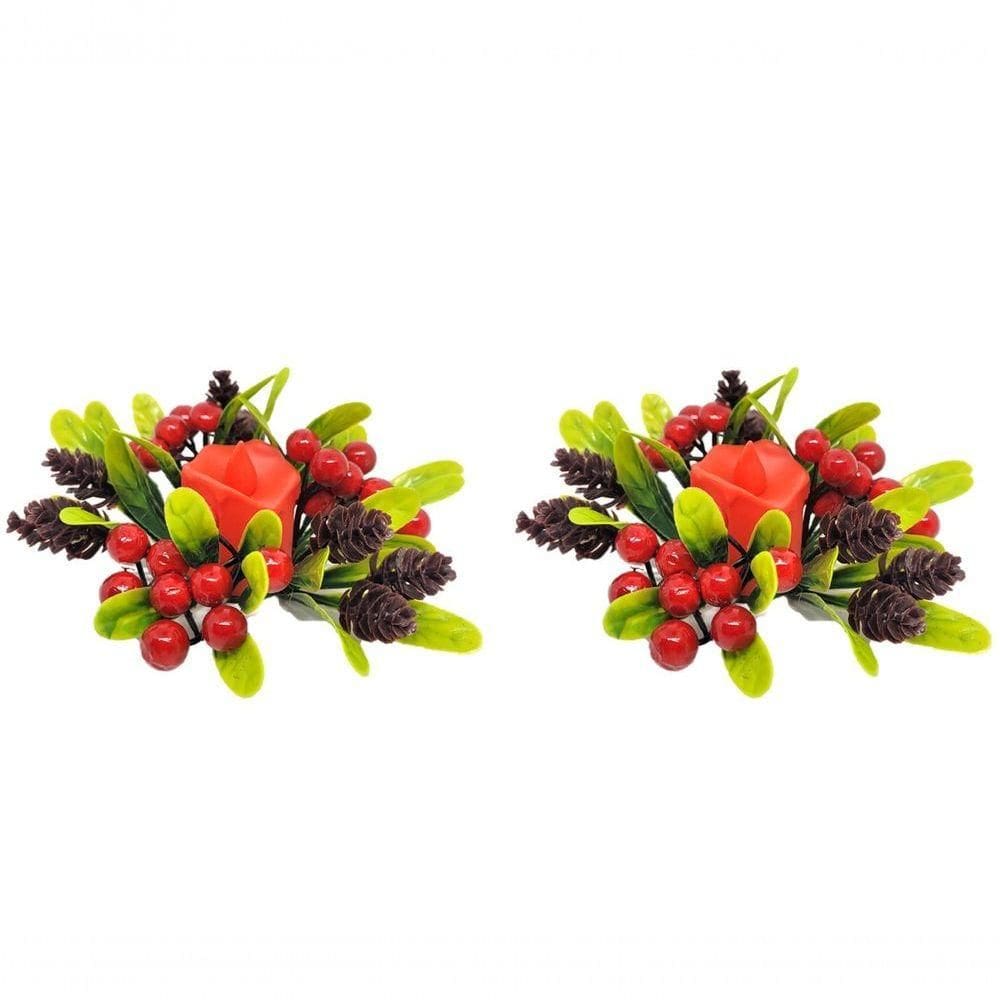 Kit 2 Porta Velas Natalino Folhagens E Pinhas E Vela Eletrônica Led - Magizi