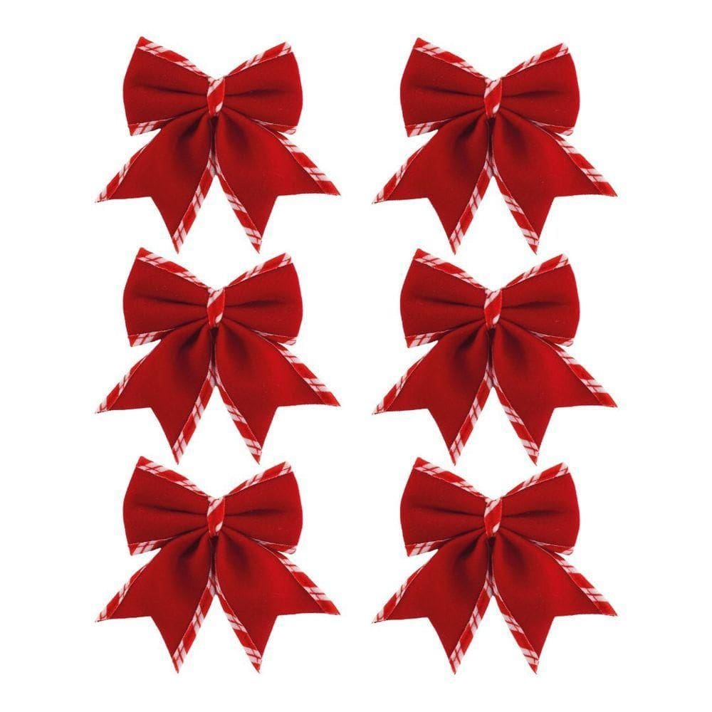 Jogo 6 Laços Natalinos Veludo Vermelho Borda Candy Listrada Prime 9x10cm