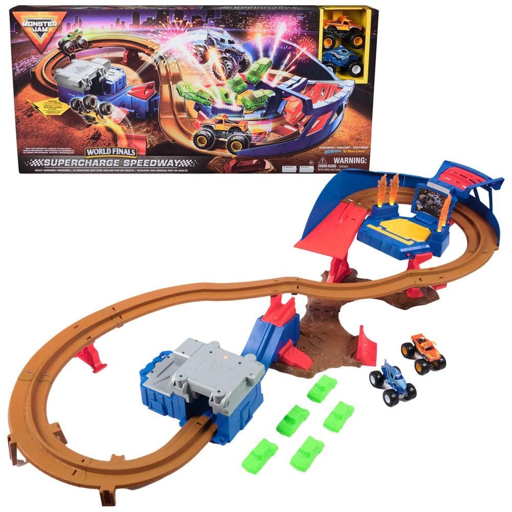 Conjunto de brinquedos Monster Jam Supercharge Speedway com 2 caminhões