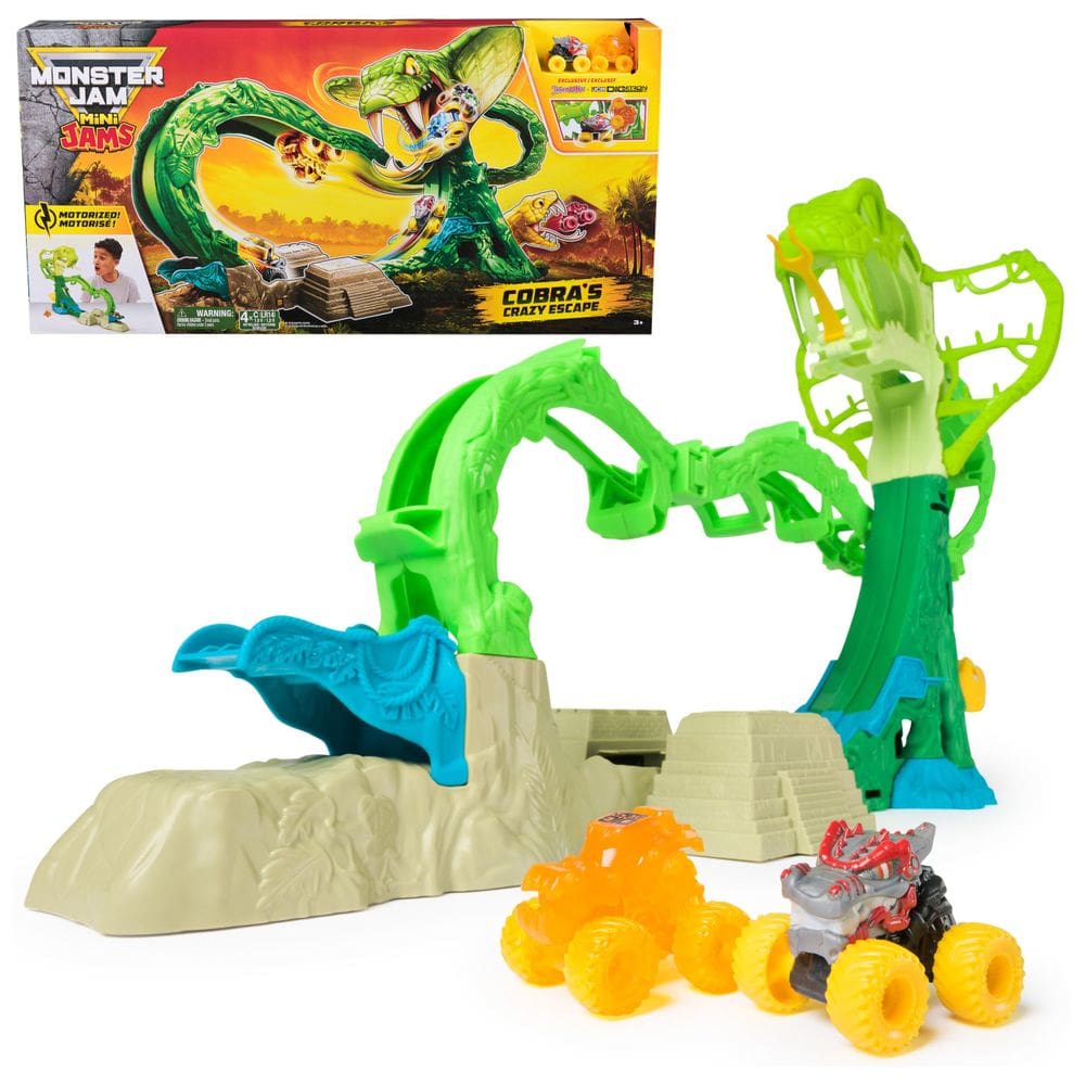 Playset Monster Jam Mini bloqueia Cobra`s Crazy Escape com caminhões