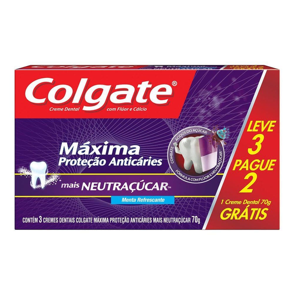 Creme Dental Colgate Máxima Proteção Anticáries Mais Neutraçúcar 70g cada Leve 3 Pague 2