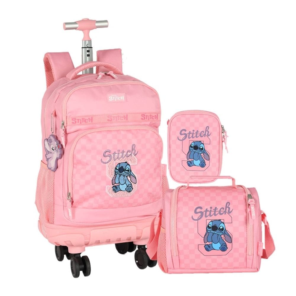 Kit Mochila de Rodinha Stitch Rosa com Lancheira e Estojo – Luxcel Oficial