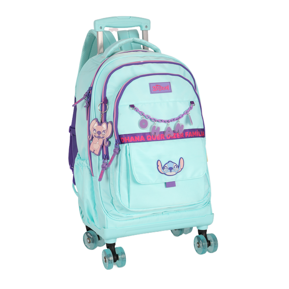 Mochila de Rodinhas G Stitch Disney Luxcel | Turquesa e Roxo | Ohana | Com Chaveiro Fofo