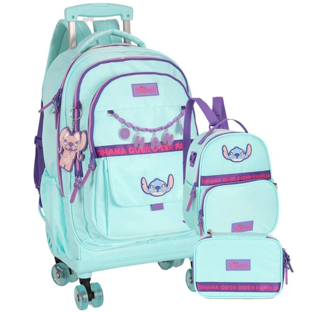 Kit Mochila de Rodinhas G + Lancheira + Estojo Box Stitch Disney | Turquesa Roxo | 3 Peças Ohana