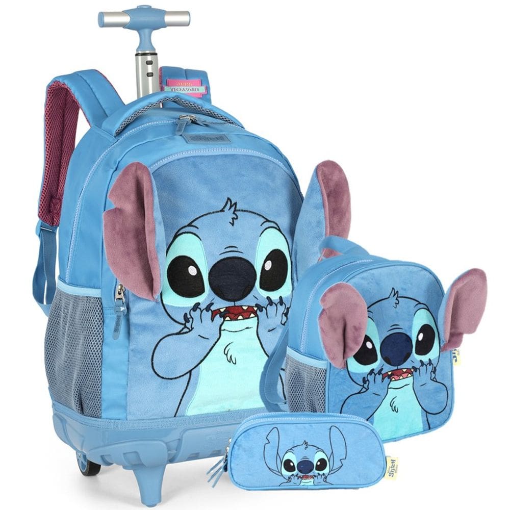 Kit Mochila Rodinhas G + Lancheira + Estojo Stitch Disney | Azul Pelúcia 3D | 3 Peças Fofura