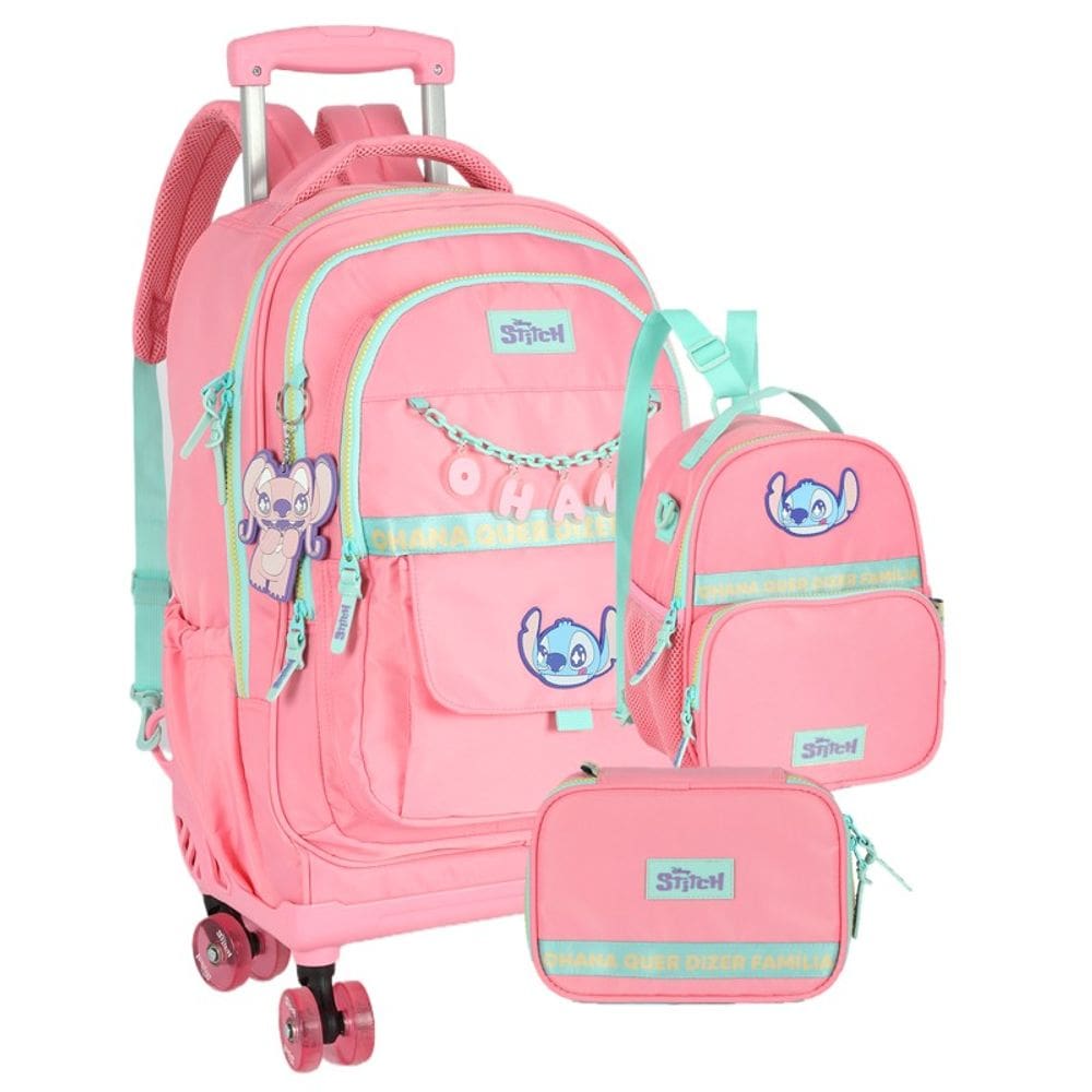 Kit Mochila de Rodinhas G + Lancheira + Estojo Box Stitch Disney | Rosa Salmão Turquesa | 3 Peças Angel