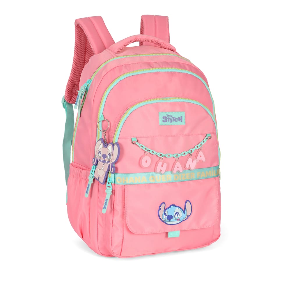Mochila de Costas G Stitch Disney Luxcel | Rosa Salmão Turquesa | Ohana | Chaveiro Angel