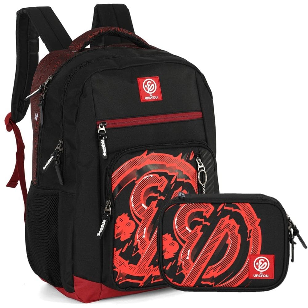 Kit Mochila de Costas G + Estojo Box Enaldinho Oficial | Preto e Vermelho | Up4You | 2 Peças