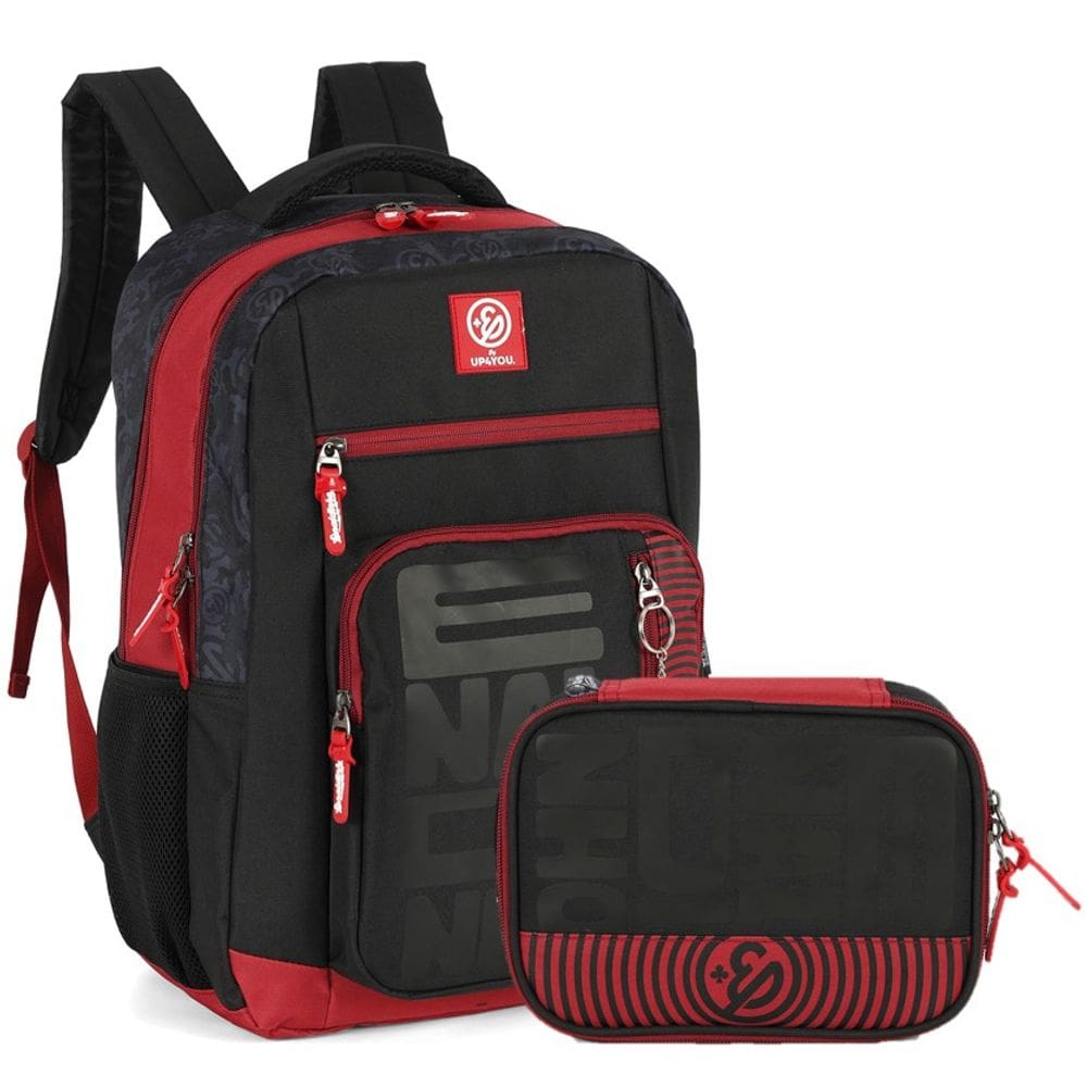 Kit Mochila de Costas G + Estojo Box Enaldinho Oficial | Preto e Vermelho | Logo Estilizado | 2 Peças