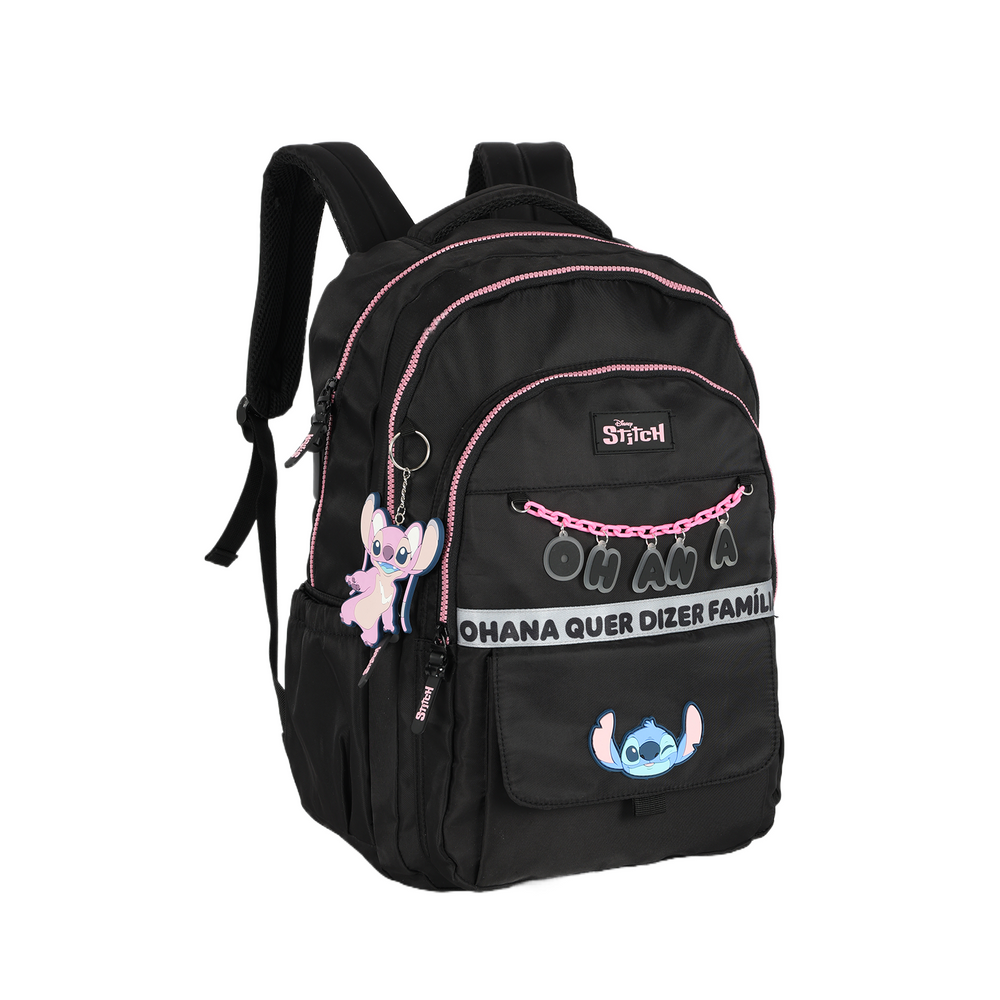 Mochila de Costas G Stitch Disney Luxcel | Preto Pink | Ohana | Chaveiro Angel