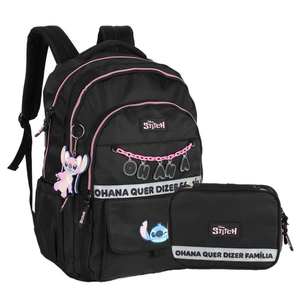 Kit Mochila de Costas G + Estojo Box Stitch Disney | Preto Pink | 2 Peças Ohana | Chaveiro Angel