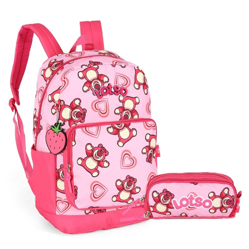 Kit Mochila de Costas G + Estojo Triplo Lotso Disney Luxcel | Toy Story | Rosa Pink | 2 Peças