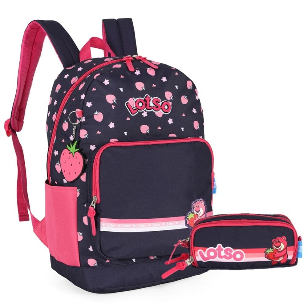 Kit Mochila de Costas G + Estojo Triplo Lotso Disney Luxcel | Toy Story | Azul Marinho Pink | 2 Peças