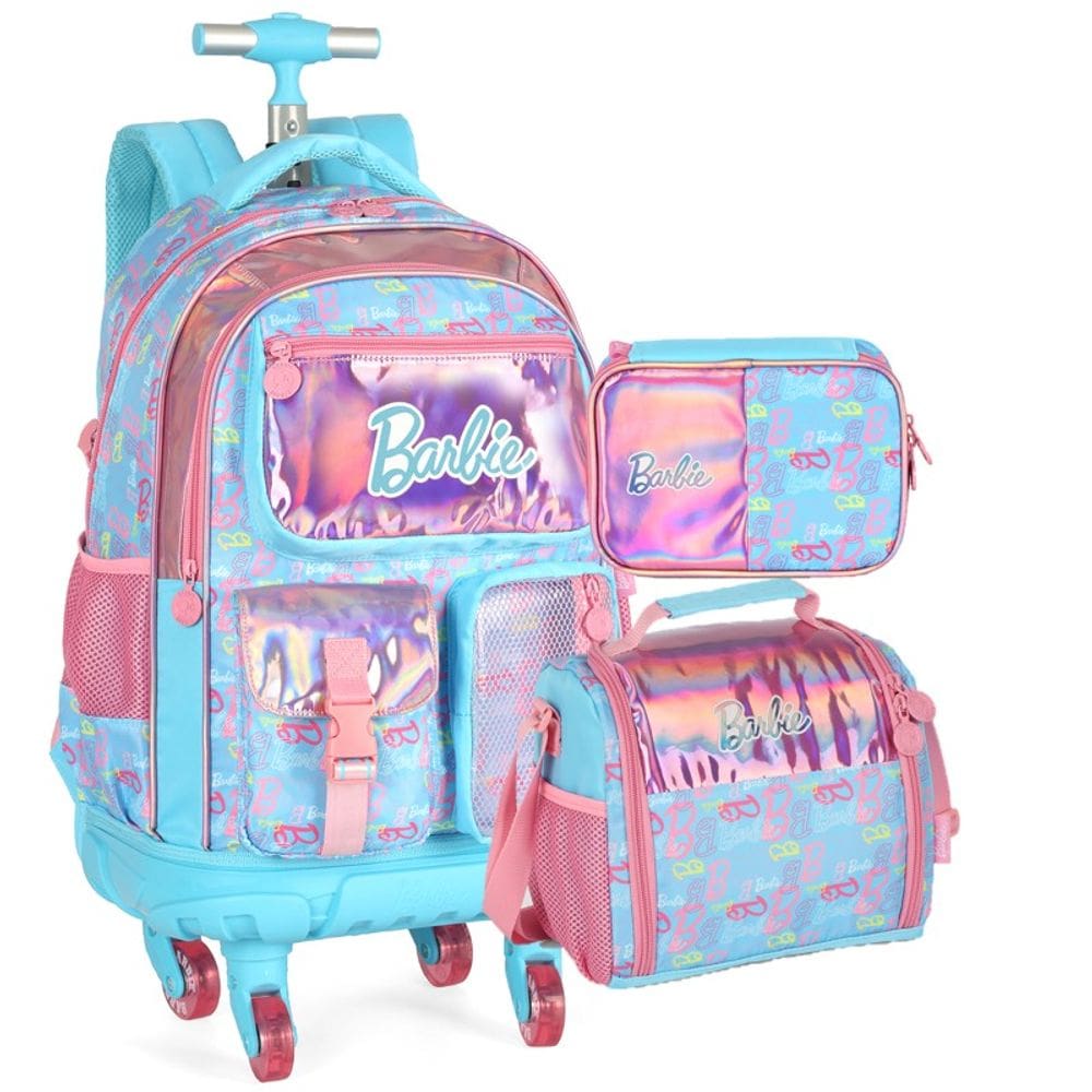 KIT Escolar COMPLETO Barbie AZUL Luxcel 3 Peças: Mochila de Rodinhas G + Lancheira Térmica + Estojo Box Holográfico