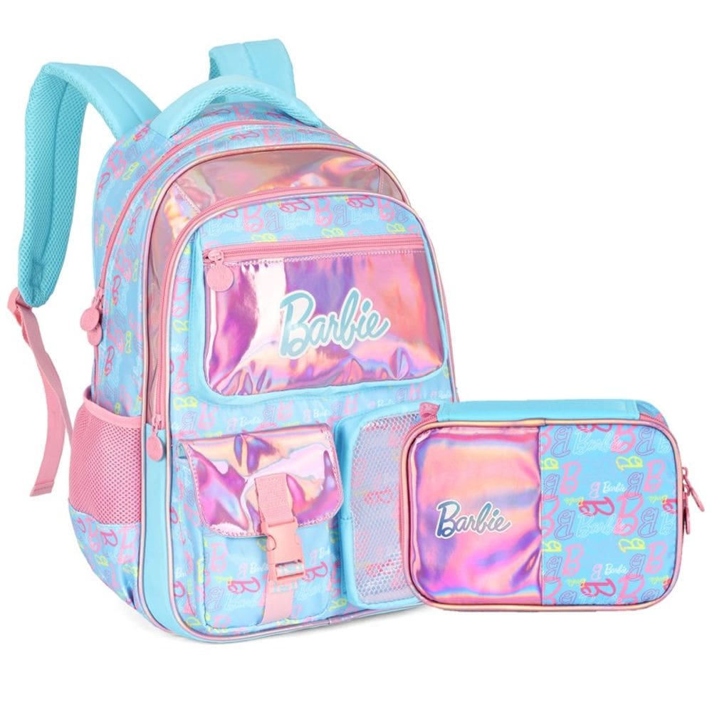 Kit Mochila de Costas G Barbie AZUL Holográfica + Estojo Box Organizador Luxcel (2 Peças)