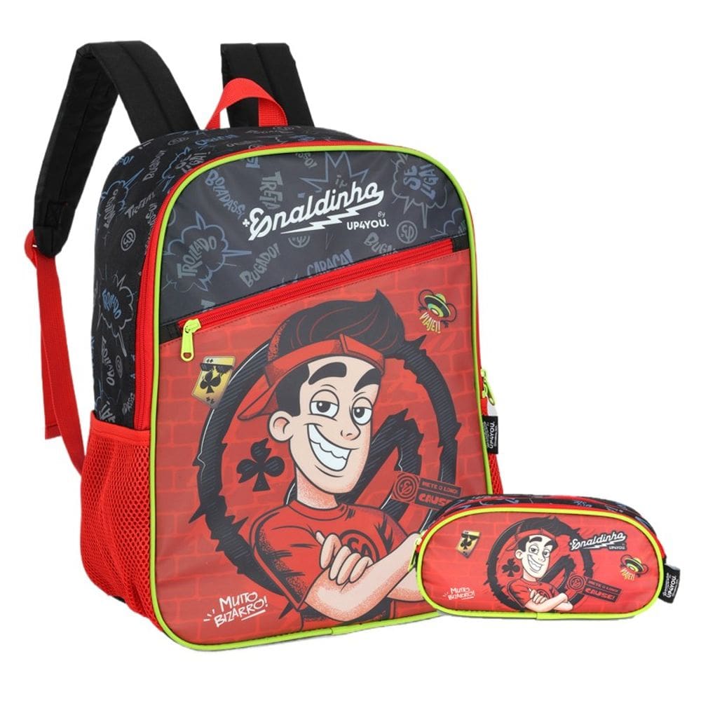Kit Mochila de Costas G + Estojo Box Enaldinho UP4YOU | Preto e Vermelho Neon | Youtuber 2 Peças