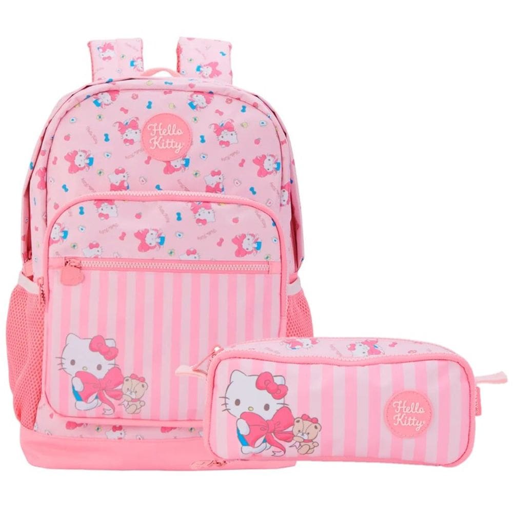 Kit Mochila de Costas G + Estojo Duplo Hello Kitty Xeryus Oficial | Estampa Listrada Pink