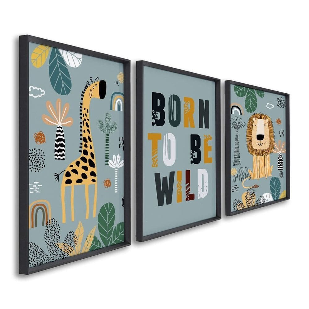 Quadro Decorativo Infantil Amigos da Selva 3 Telas 60x90cm para Quarto Sala Brinquedoteca