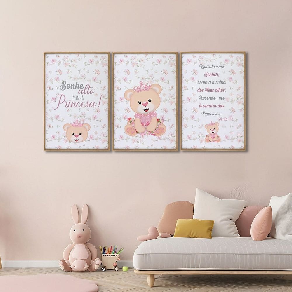 Quadro Infantil Decorativo Sonhe Alto Princesa 3 Telas 60x90 para Quarto Sala Brinquedoteca
