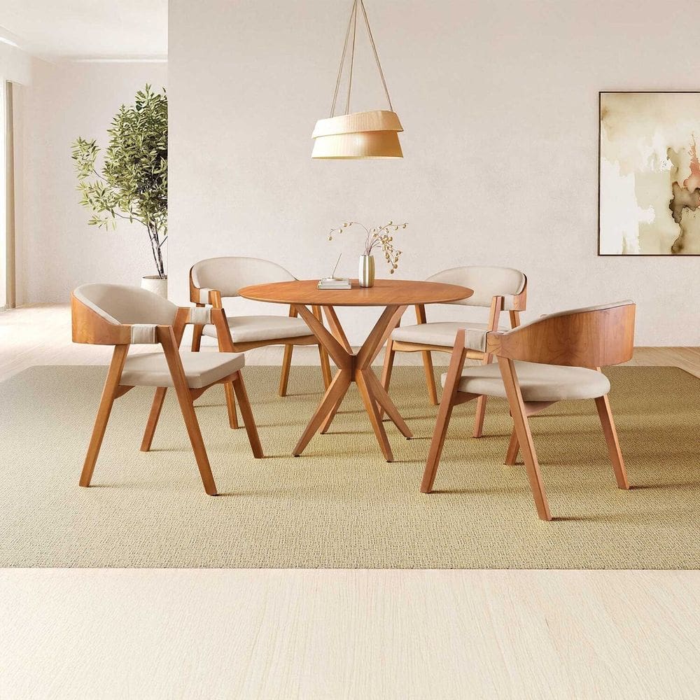 Conjunto de Mesa Redonda 100cm com 4 Cadeiras Gaia Bege/Freijó