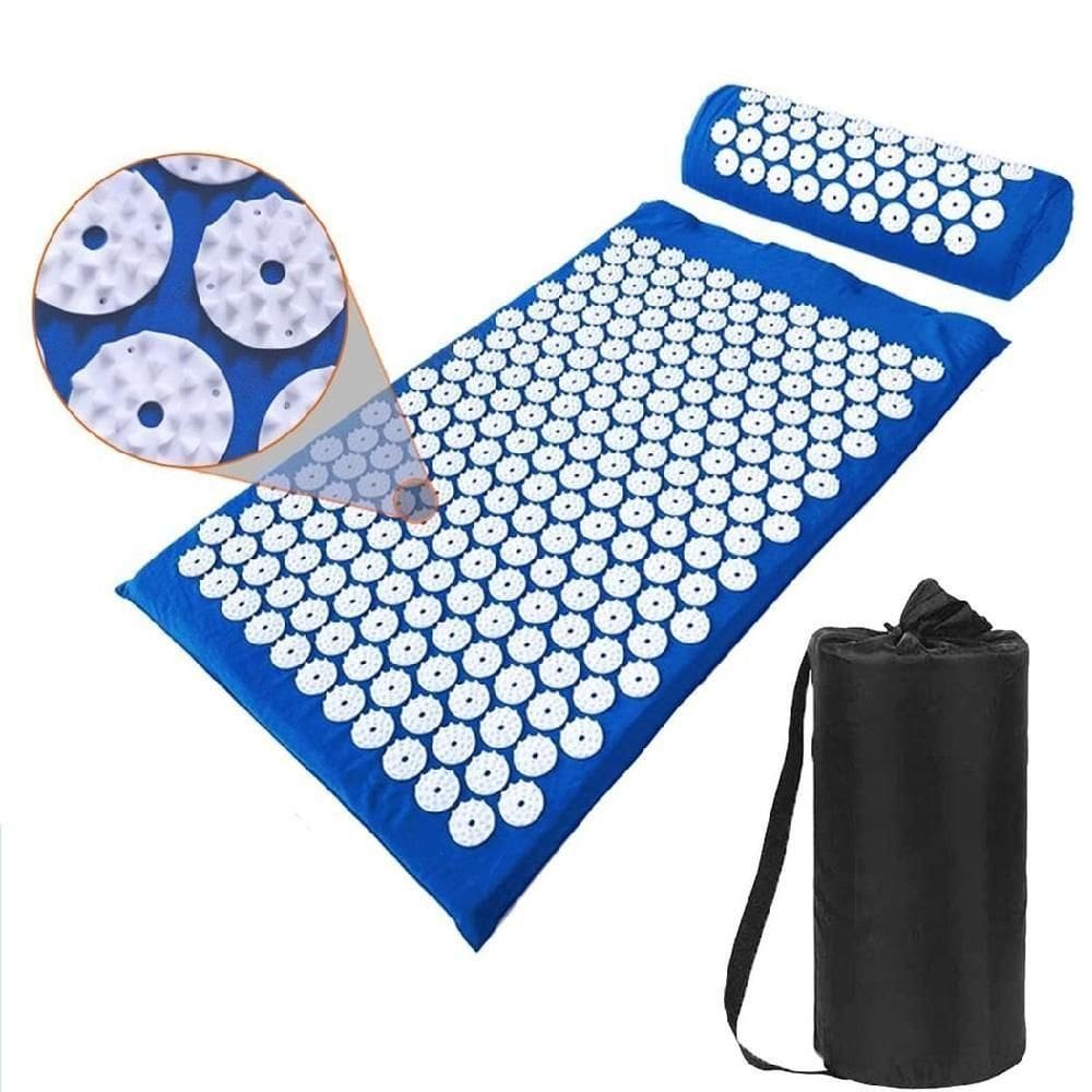 Tapete Acupuntura Massagem Yoga Almofada Travesseiro Relaxante Portatil Alivio Azul