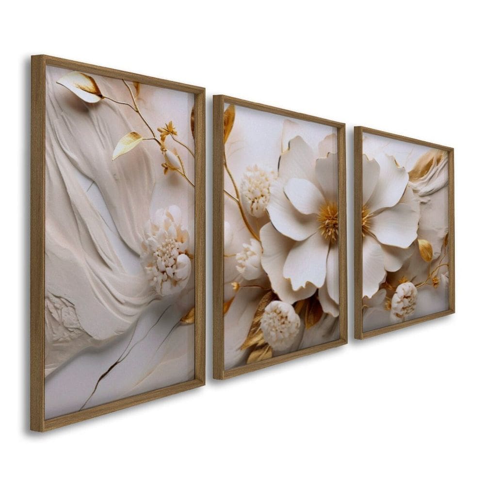Quadro Decorativo Delicado Floral 3 Telas 60x90 para Sala Quarto Escritório