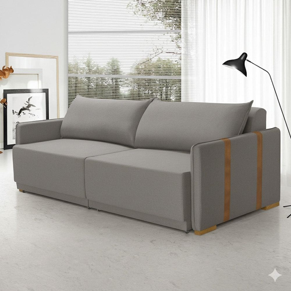 Sofá Cama Retrátil 3 Lugares 224cm Unique Cinza Médio