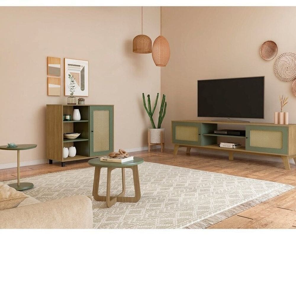 Conjunto Sala de Estar Mesa de Apoio e Mesa de Centro e Buffet e Rack Charlotte Carvalho/Menta