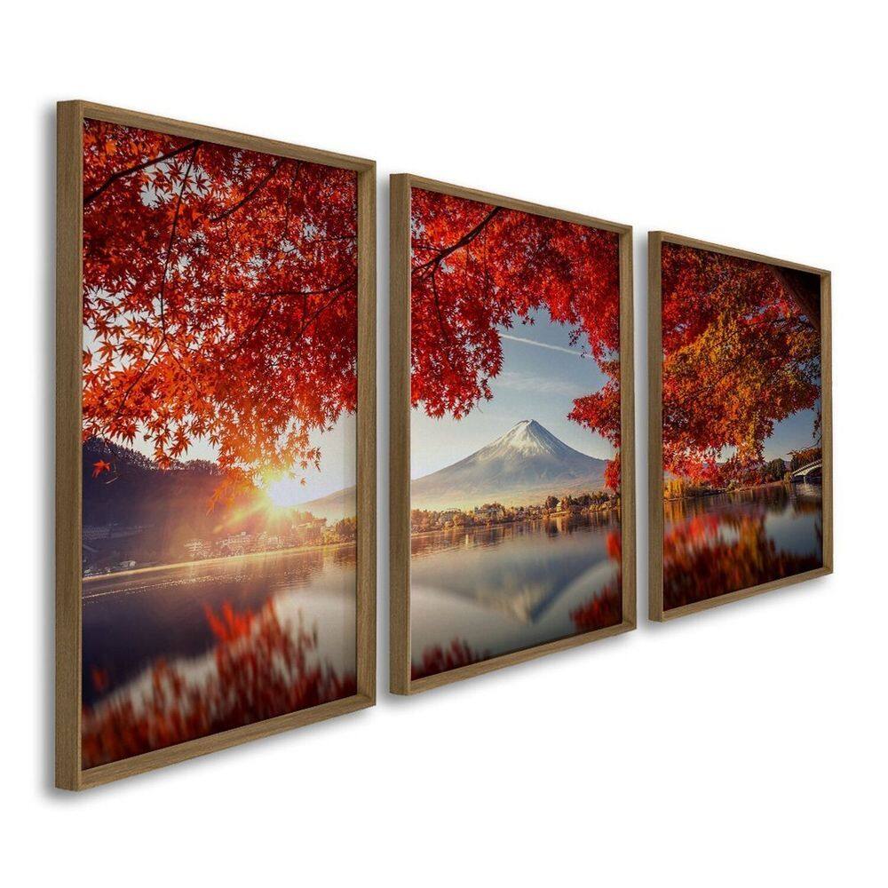 Quadro Decorativo Paisagem Montanhas e Flores Vermelhas 3 Telas 60x90cm para Sala Quarto Escritório