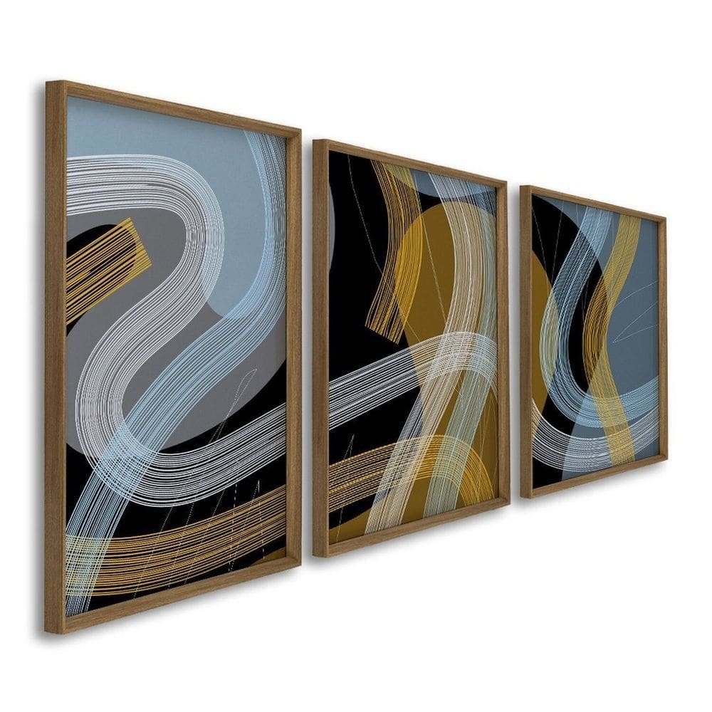 Quadro Decorativo Abstrato Linhas e Formas 3 Telas 60x90cm para Quarto Banheiro Escritório