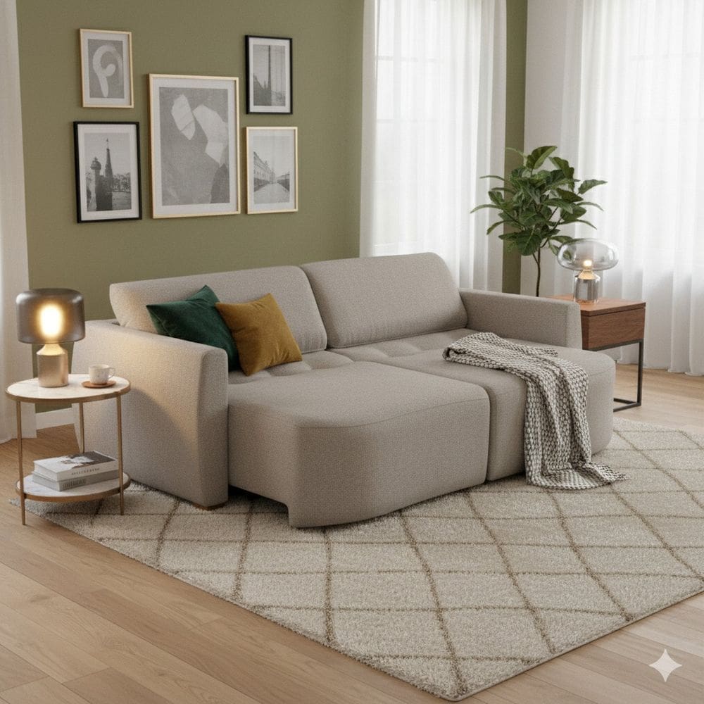 Sofá Cama 3 Lugares 200cm para Sala de Estar Itália Bege