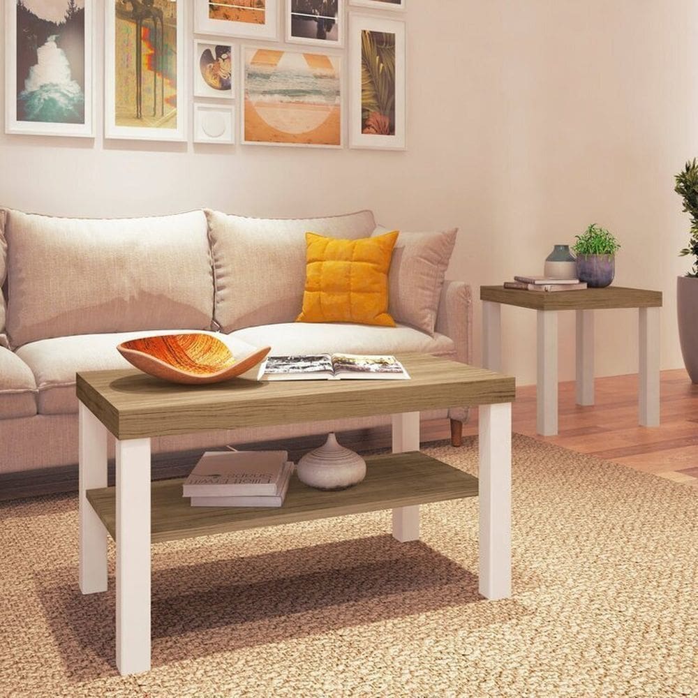 Conjunto 2 Peças Sala de Estar Mesa de Apoio e Mesa de Centro UP Carvalho/Off White