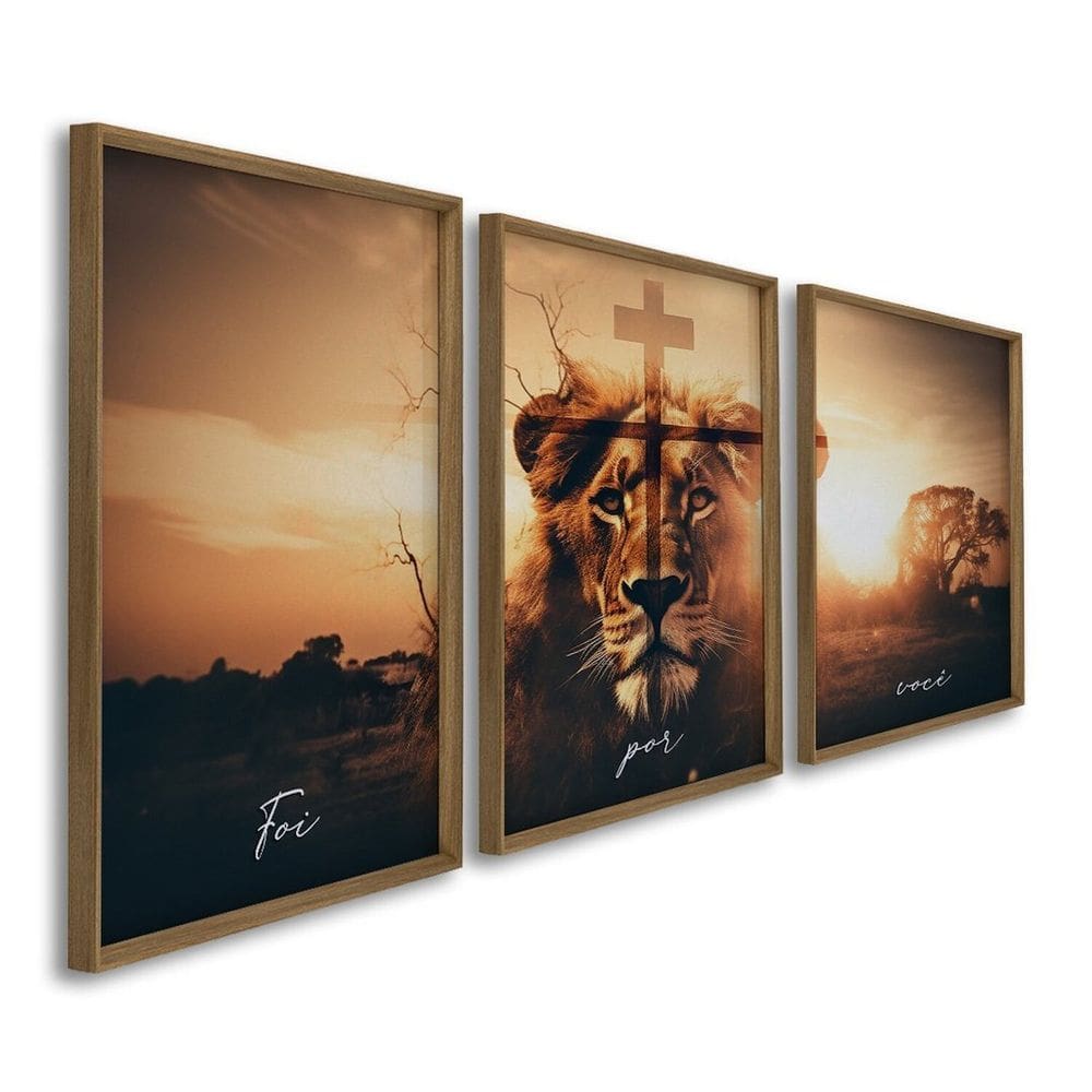 Quadro Decorativo Religioso Foi por Você Cruz e Leão 3 Telas 60x90cm para Escritório Banheiro Hall