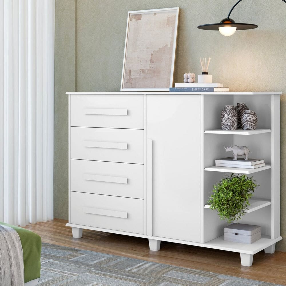 Cômoda 4 Gavetas com 1 Porta e Nichos Laterais Andorra Branco