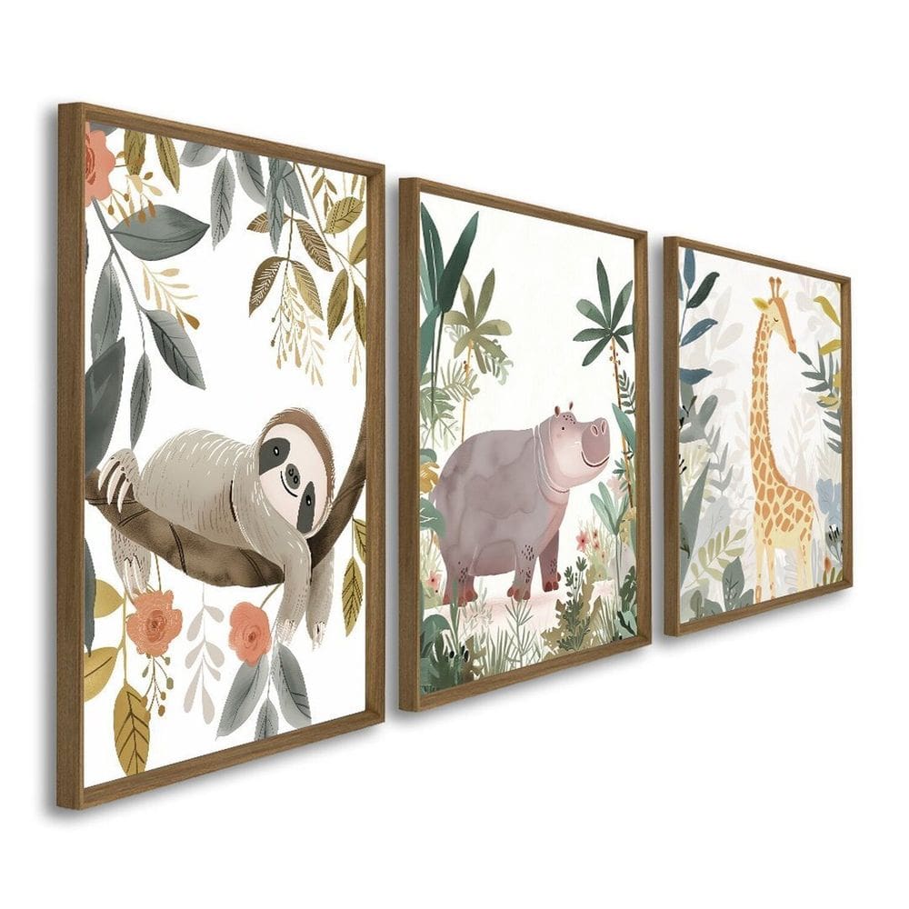 Quadro Decorativo Amigos da Natureza Infantil 3 Telas 60x90cm para Quarto Sala Brinquedoteca