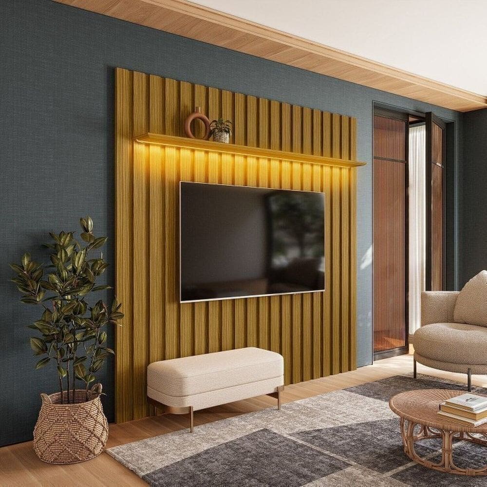 Painel Ripado London com Led para Tv 70” Rack Retrô Panamá Porta Deslizante Off White Bege Acetinado/ Cedro Freijó Acetinado