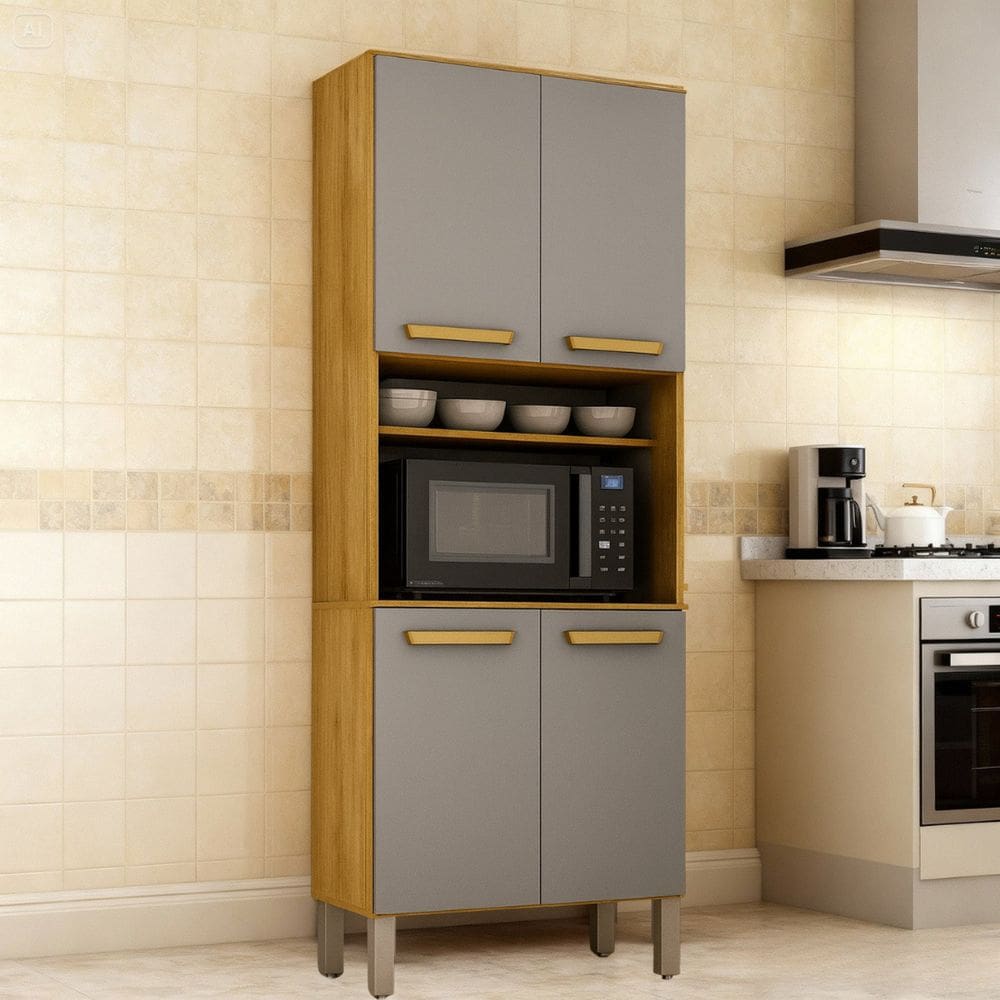 Paneleiro Torre Quente 4 Portas com Espaço para Micro-ondas Adele Cinamomo/ Cinza Acetinado
